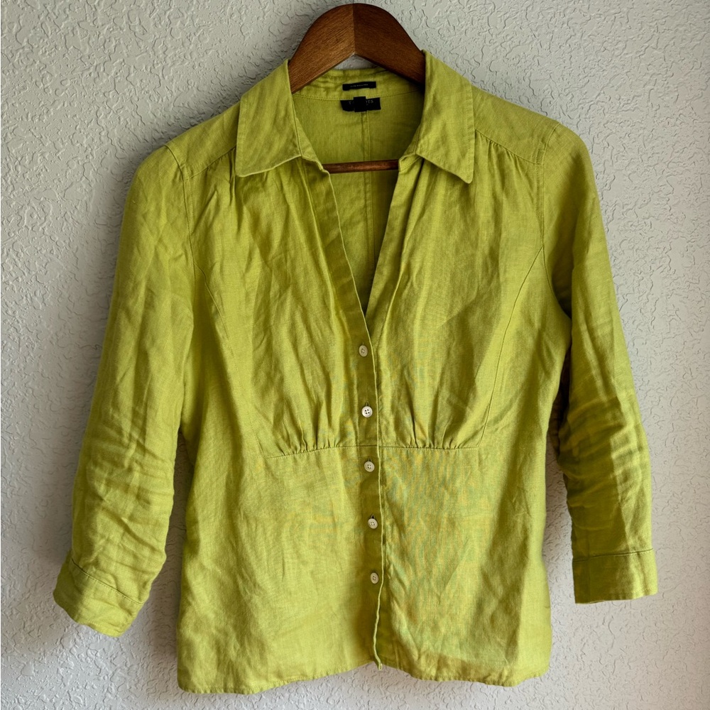 Chartreuse Pure Irish Linen Button Blouse Size 10 - image 1